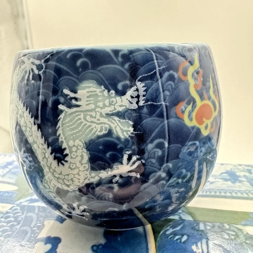 Sake Teapot Cups Six Dragon Blue  Porcelain Tea Set‎ Japanese Asian Signed Fire